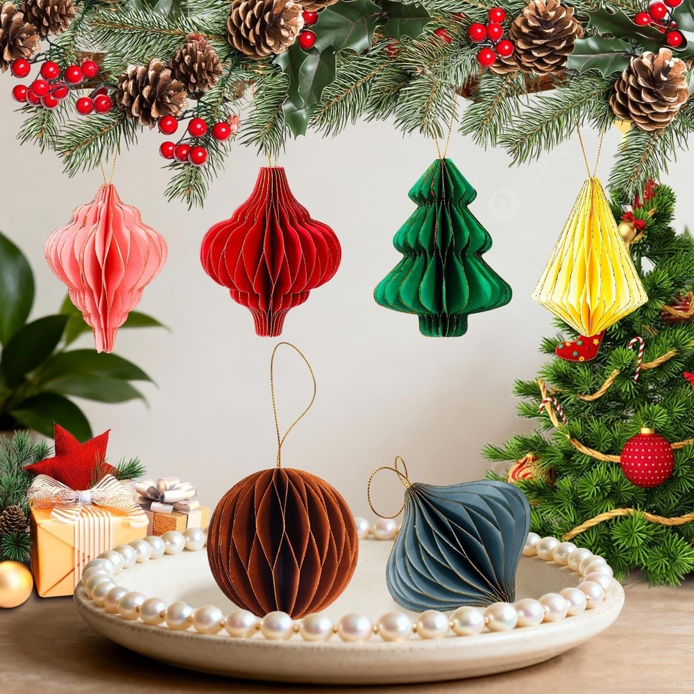 Adornos navideños de papel de panal, bolas de panal para árbol vintage