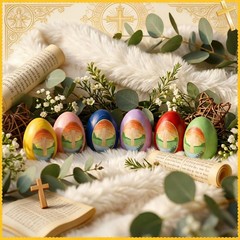 12 PCS Wooden Easter Egg Religious Decor He Is Risen Colorful Resurrection