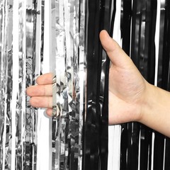 2 Pack Black Silver Tinsel Foil Fringe Curtains Metallic Party Streamers