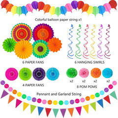 33Pcs Fiesta Decorations Cinco De Mayo Decorations Multi-Color Paper Fans Garlan