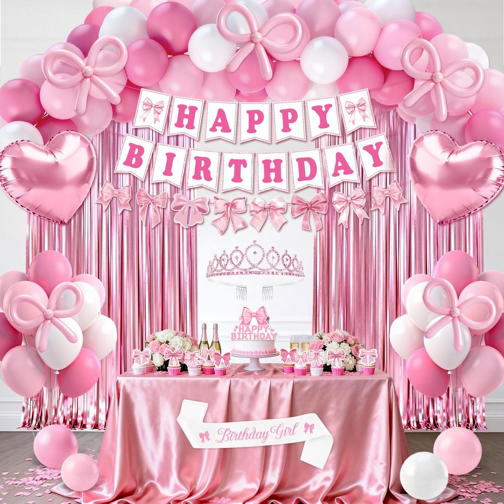 Pink Bow Birthday Decorations for Women Girls Pink Theme Party Supplies