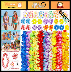 60PCS Hawaiian Luau Party Decorations Set – Tropical Flower Leis, Necklaces, Bra