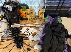 Halloween Decorations Lot Spiderweb, Skeleton Hands, Pumpkins & Caution Tape