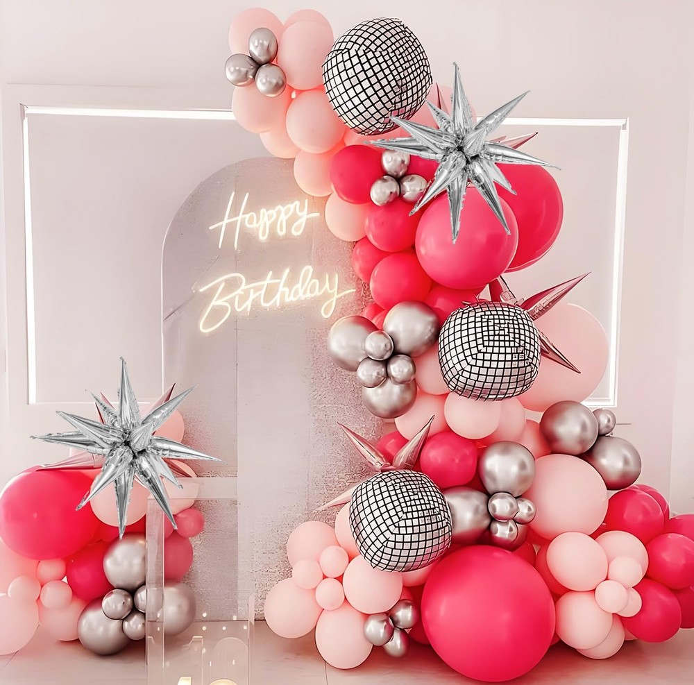Pink Disco Party Decorations, Disco Hot Pink and Silver Balloons Arch Kit, Pi…