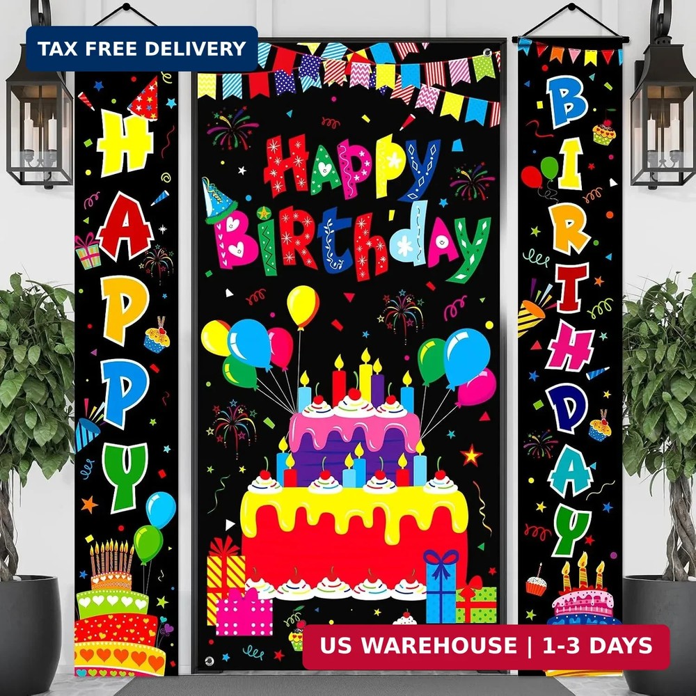 Oudain 3 Pack Colorful Happy Birthday Decorations Rainbow Birthday Banner Porch