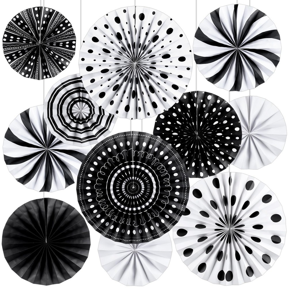 18 Pcs Black White Round Hanging Paper Fans Decor Back to School Paper Fans R…