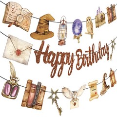 3Pcs Wizard Happy Birthday Banner Set – Brown Glitter Happy Birthday and Wate…