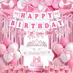 Pink Bow Birthday Decorations for Women Girls Pink Theme Party Supplies