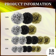 Black Gold Silver Tissue Paper Pom Poms Hanging Flower Ball Decor 18 PCS