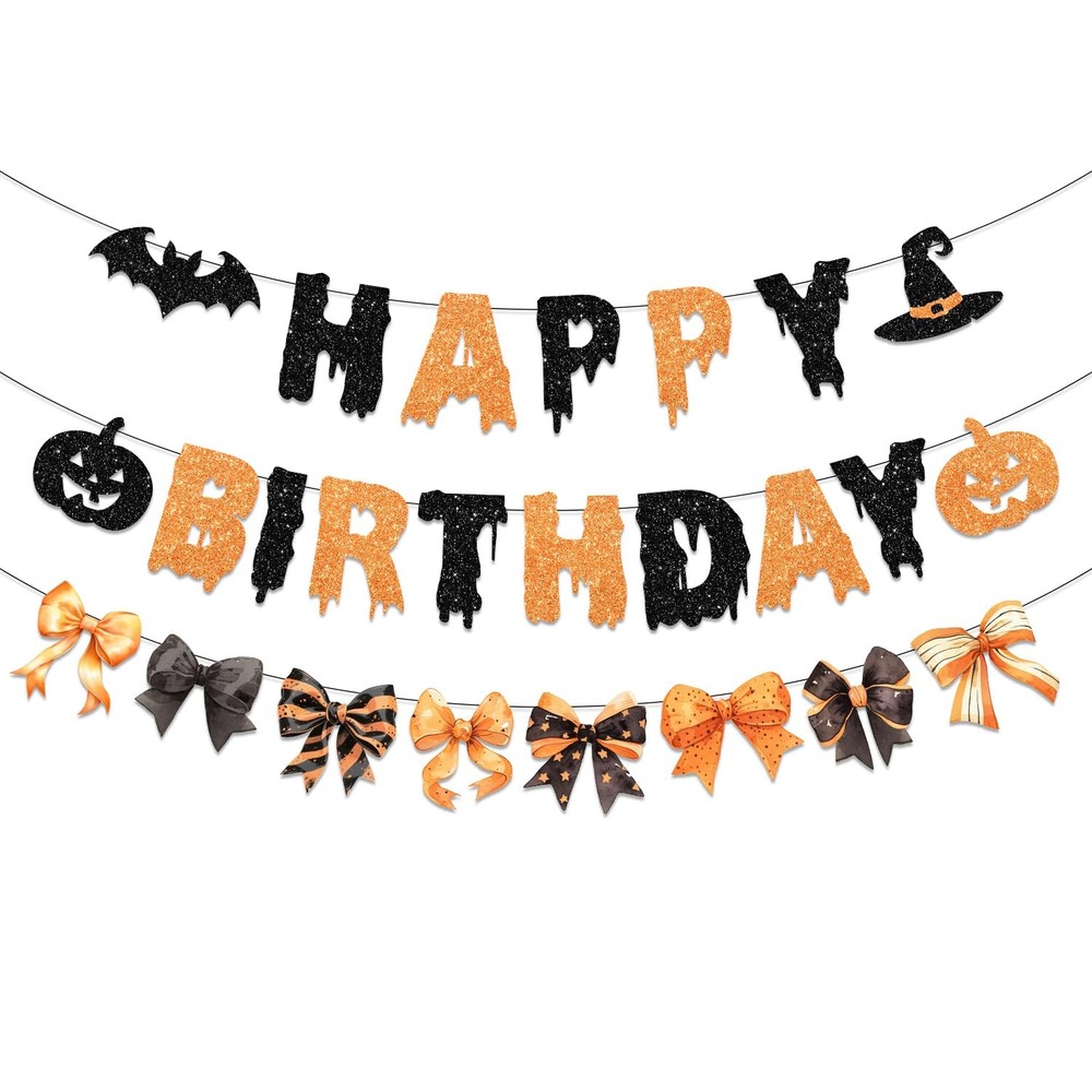 Happy Halloween Banner,Orange Glitter Halloween Decor Bow Bat Spooky Happy Ba…