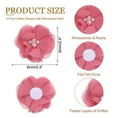 12Pcs 2″ Chiffon Flowers w/ Rhinestone Pearl Sewing Fabric Flower Dark Pink