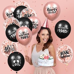 40th Birthday Balloons, Rose Gold & Black 1985 Confetti Latex for Women, 18pcs