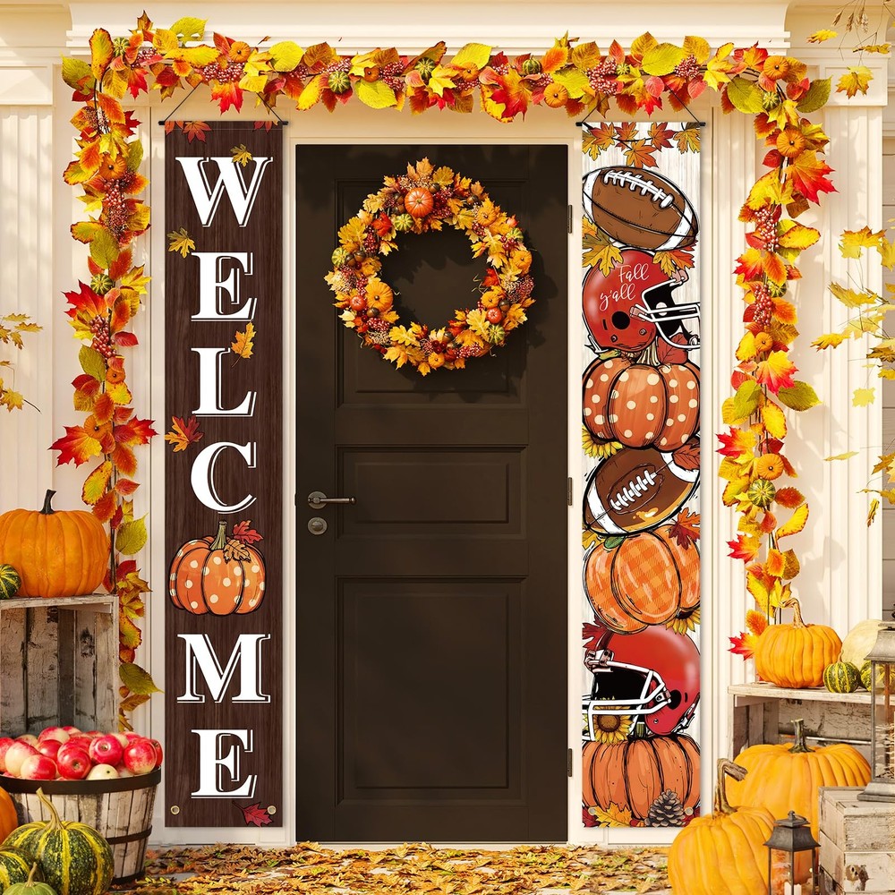 Fall Decorations Maple Leaves Pumpkin Welcome Porch Sign Door Banner Gift 12×71″