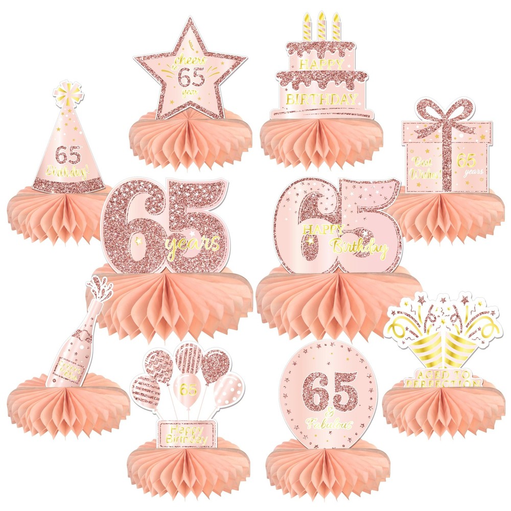 10 PCS 65th Birthday Decorations Centerpieces Rose Gold Pink Honeycomb Topper
