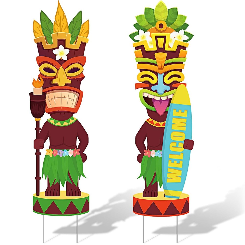 Queekay 2 Pcs Tiki Yard Sign Luau Hawaiian Tropical Party Decoration Outdoor Tik