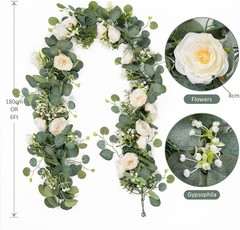 2 Pack 13Ft Artificial Eucalyptus Flower Garland with White Roses, Fake Rose