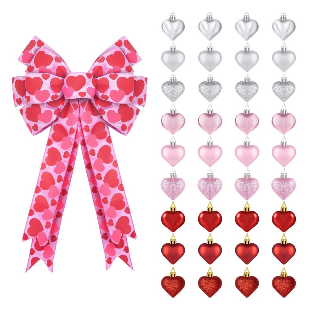 Valentines Day Decorations, 11 x 19.7 Large, Multicolored Hearts + Pink Bow