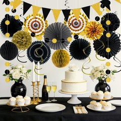 24 Pcs Black and Gold Party Decorations, Paper Fans Pom Poms Garland Decor | …