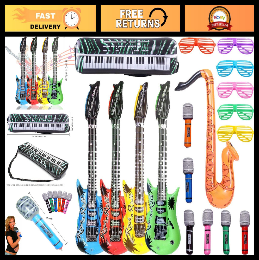 18 Pack Inflatable Rock Star Party Props – Guitars, Microphones, Glasses & More!
