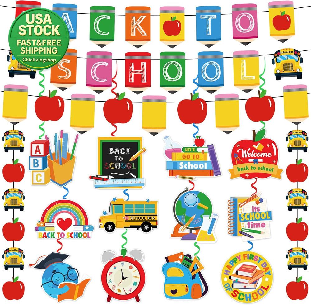 17Pcs Back to School Decorations Set Banners Hanging Swirls Garland Classroom