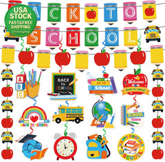 17Pcs Back to School Decorations Set Banners Hanging Swirls Garland Classroom