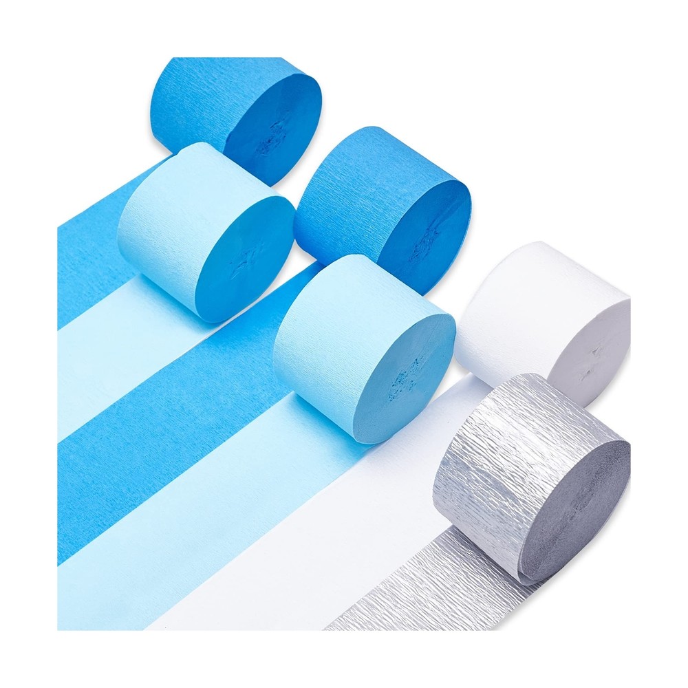 PartyWoo Crepe Paper Streamers 6 Rolls 492ft, Pack of White, Silver, Royal Bl…