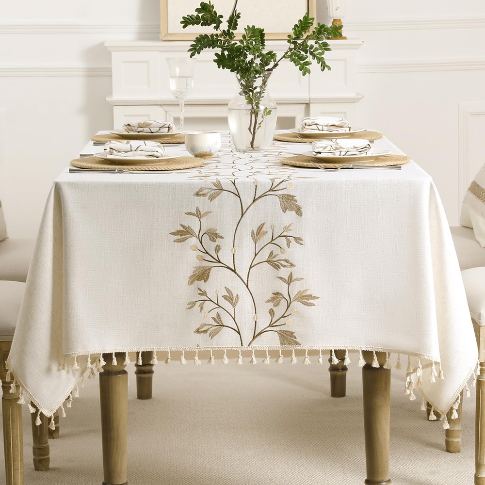 GRASiMOSY Cotton Linen Rectangle Tablecloth with Tassel for Dining Table, Heavy