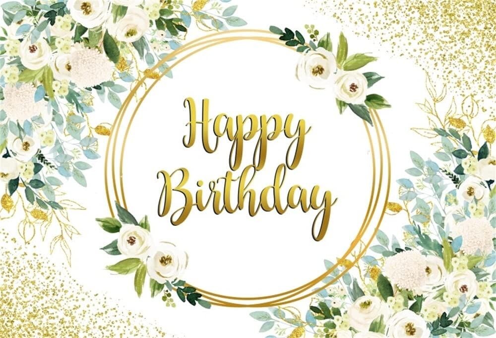 Happy Birthday Backdrop Gold and Green Eucalyptus Leaf Party Deco 7x5ft Polyeste