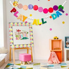 Pre-Strung Rainbow Play All Day Felt Banner Reusable Wall Sign Play All Day W…