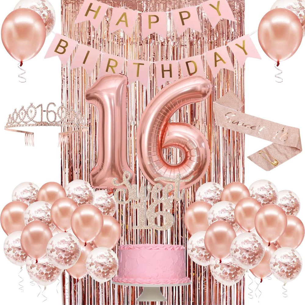 Sweet 16 Party Decorations for Girls, Happy 16Th Birthday Banner Cake Topper Bal