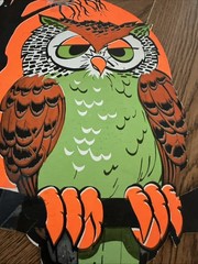 Wise Old Halloween Owl Sitting In A Tree Approx 1970s 11 X 9.5 Inches