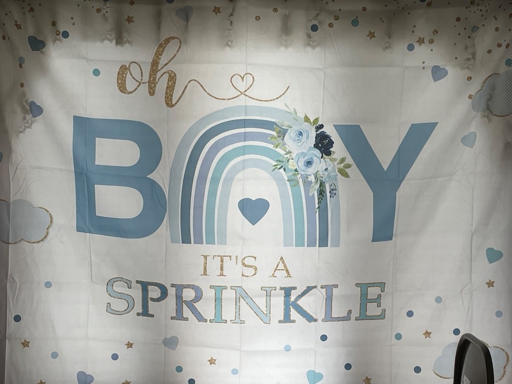 Baby Boy SPRINKLE Shower Backdrop, letter banner & table cloth decorations