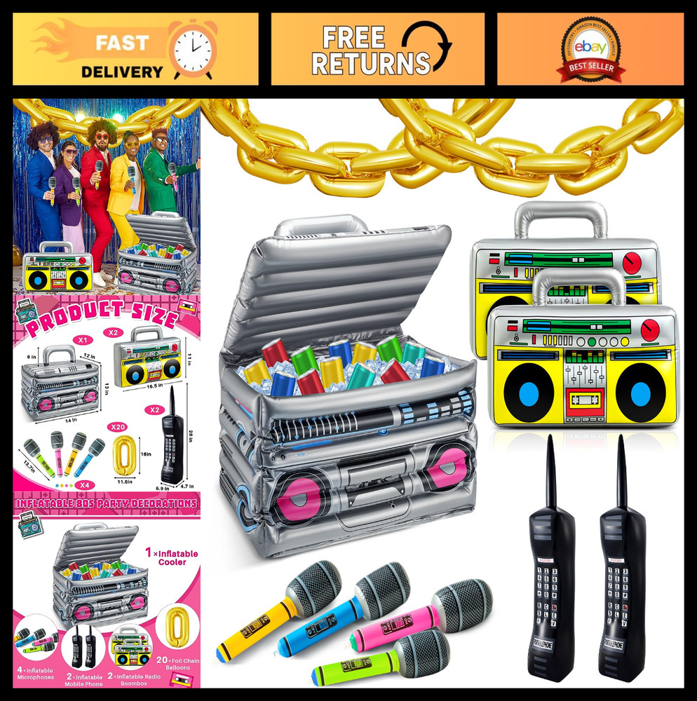29 Pcs 80s 90s Party Decorations – Inflatable Boom Box Cooler, Balloons & Props