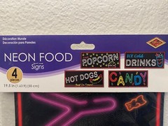 Beistle Neon Food Signs Candy Popcorn 4 pack 2-Sided Party Decorations 19.5″x8″