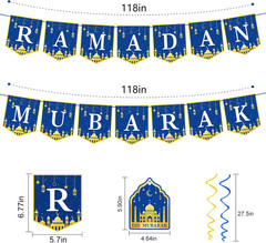 34Pcs Ramadan Decorations Pre-Assembled Mubarak Eid Kareem Muslim Banner Hanging