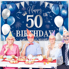 50Th Birthday Banner Backdrop, Happy 50Th Birthday Decorations,Blue Silver Fabri