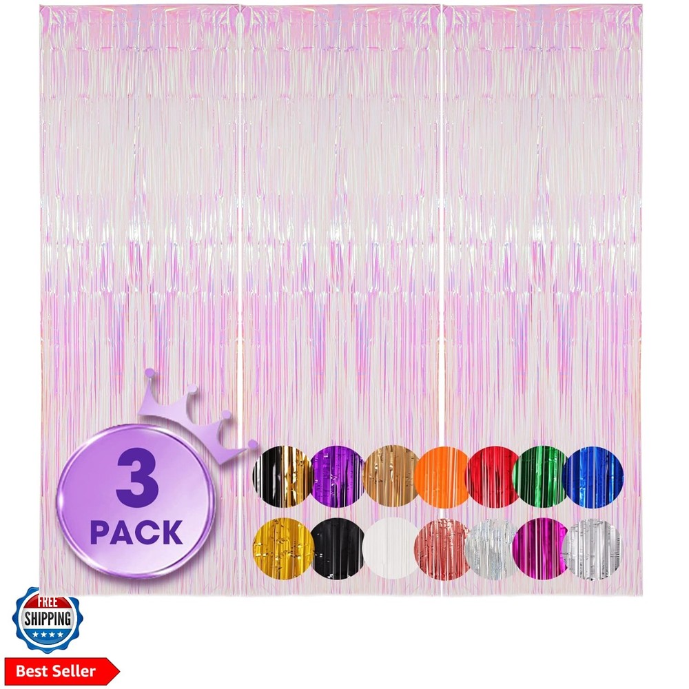 3 Pack 3.3×8.2 Feet Iridescent Transparent Foil Fringe Backdrop Curtains, Tin…