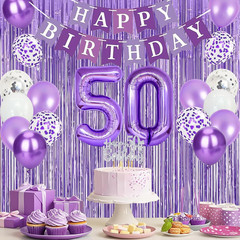 Purple Silver 50Th Birthday Decorations for Women | Banner, Sash and Crown, Cake