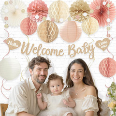 Boho Baby Shower Decorations Girl Pre-Strung Welcome Baby Banner Honeycomb Balls