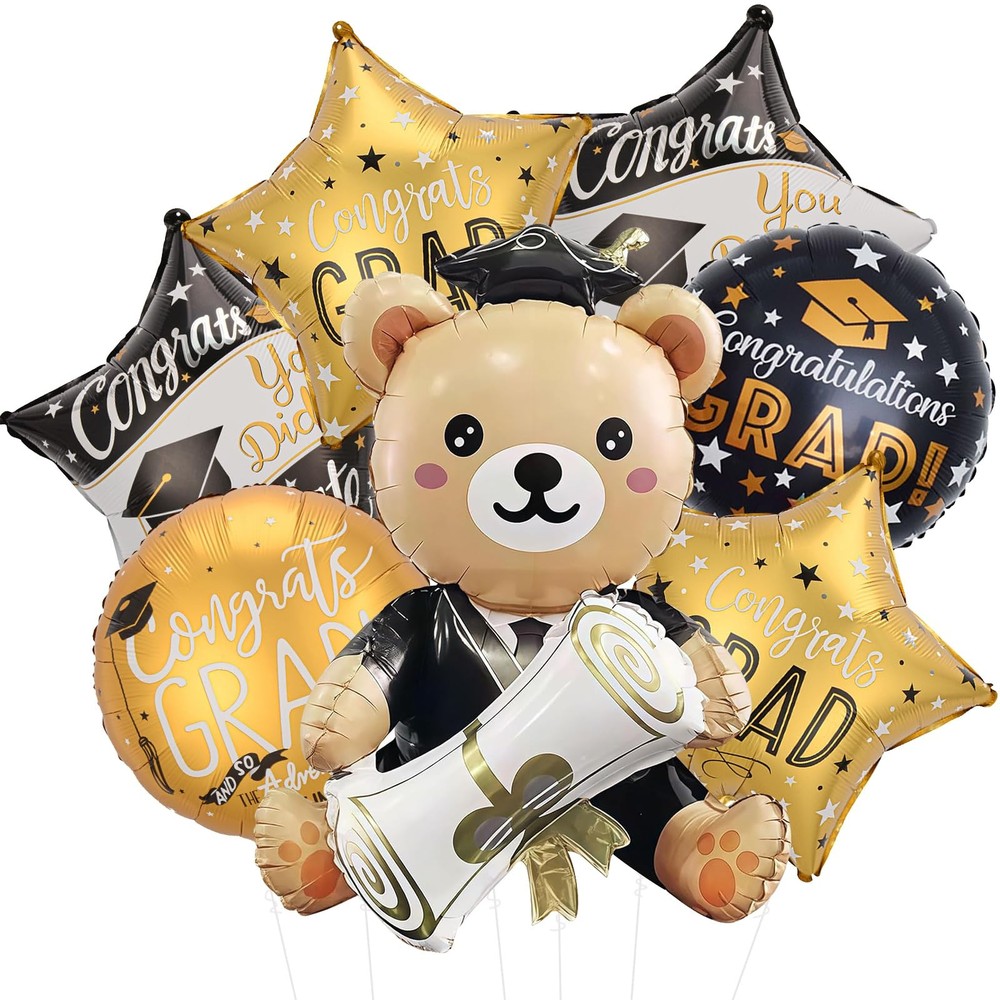 7Pcs Graduation Bear Balloon Round Congrats Grad Star Foil Balloons for Gradu…