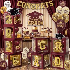 Graduation Decorations Class of 2026 Maroon and Gold Balloon Boxes for High S…