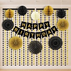 Black and Gold Party Decorations, 13Pcs Hanging Paper Fans Star Foil Curtains…