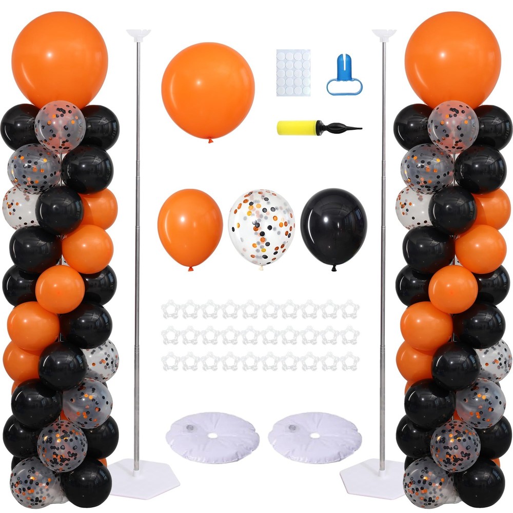 2 Sets Orange Black Balloon Column Stand Kit, 92Pcs Matte & Confetti Latex Ba…