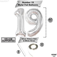 , Giant 19 Balloons Silver – 40 Inch | 19 Balloons for 19th decorations | Sil…