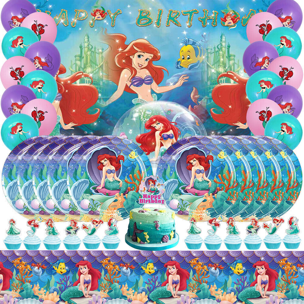 Ariel Princess Party Supplies Set Plate Balloon Banner Cake Topper Birthday Gift
