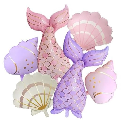 Mermaid Balloons Set – 6PCS Mermaid Tail Seashell Conch Foil Balloons, Pink