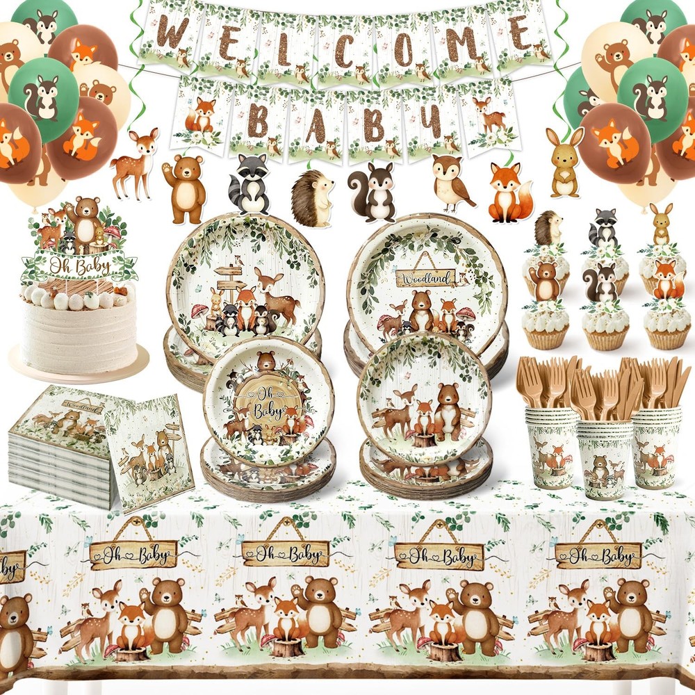 Woodland Baby Shower Decorations for 24 Guests – Forest Animals Party Set
