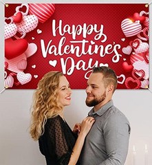 Happy Valentine’s Day Backdrop Banner 73 x 43 Inch Large Size Red Heart