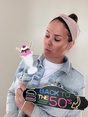 50s Photo Booth Props – 41-pc Photo Booth Kit with 8 x 10-Inch Sign, 60 Adhes…