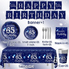 142 Pcs 65th Birthday Tableware Set Decorations Sliver and Blue 65th Happy Bi